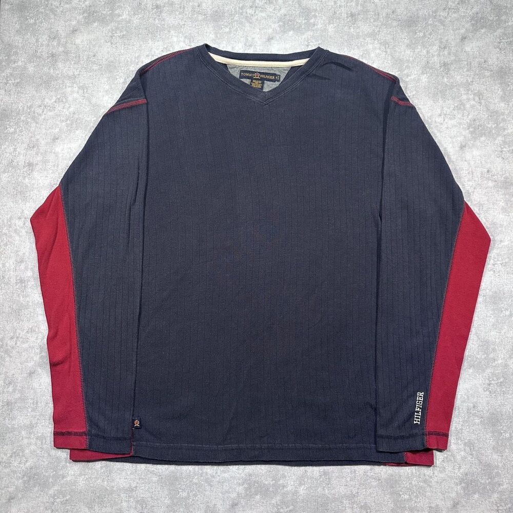 Vintage Tommy Hilfiger Navy Red Mens Medium V-Neck Long Sleeve Shirt